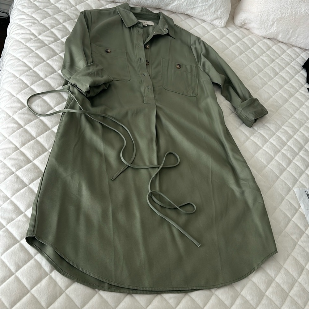Loft size s olive green belted shirt dress